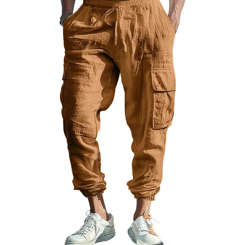 Men's loose-fit linen casual trousers with ankle ties and multiple pockets in Army Green.
