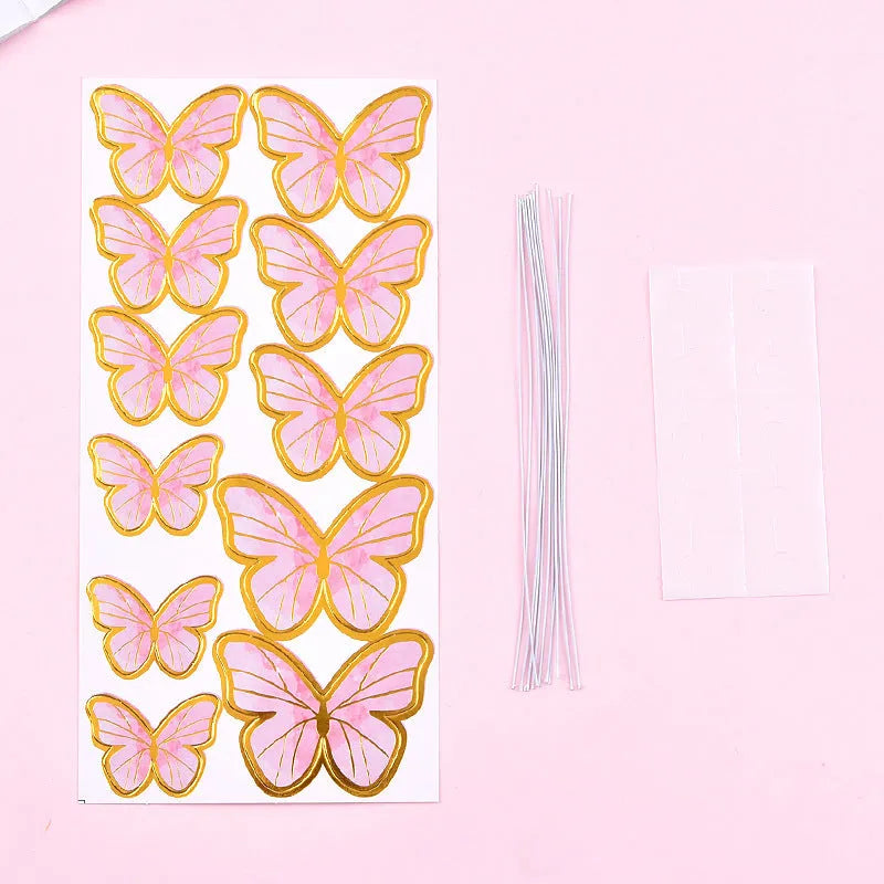 Acrylic happy birthday cake inserting decoration with plastic card and wrought iron stand in butterfly pink style