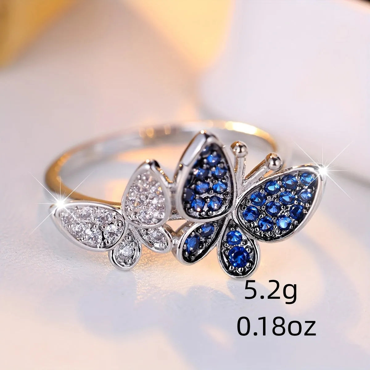 Blue and white butterfly ring for women in electroplated copper, sizes 6-10 available