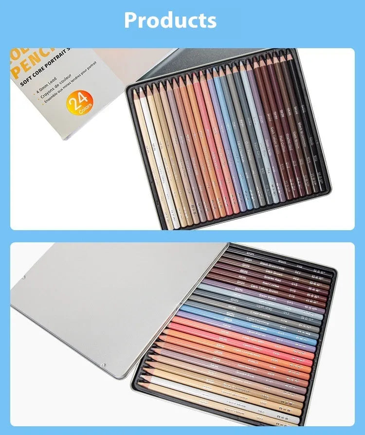 Set of 24 skin colour portrait pencils in an iron box round brush pot.