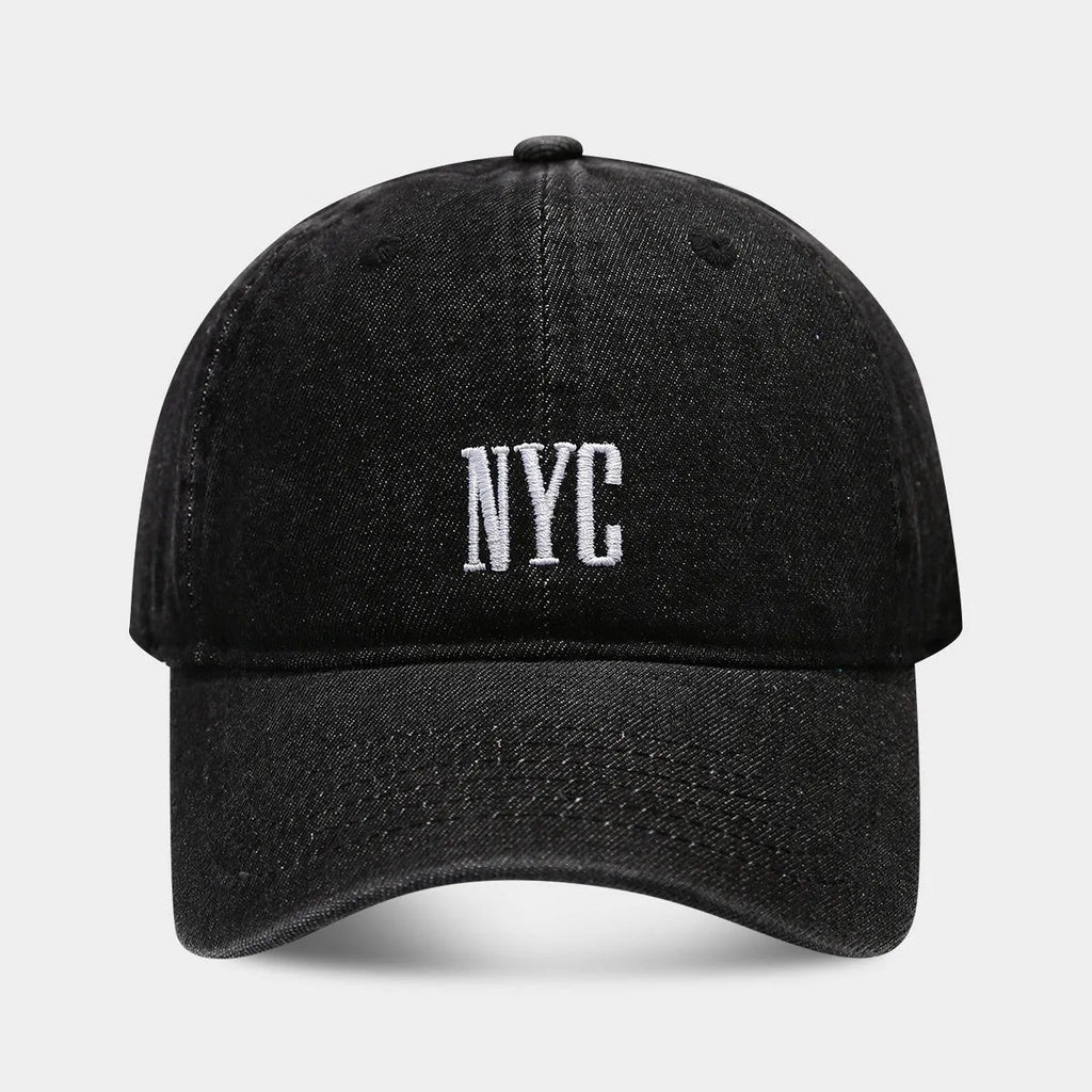 Adjustable denim peaked cap with retro alphabet lettering in black, dark blue and light blue options