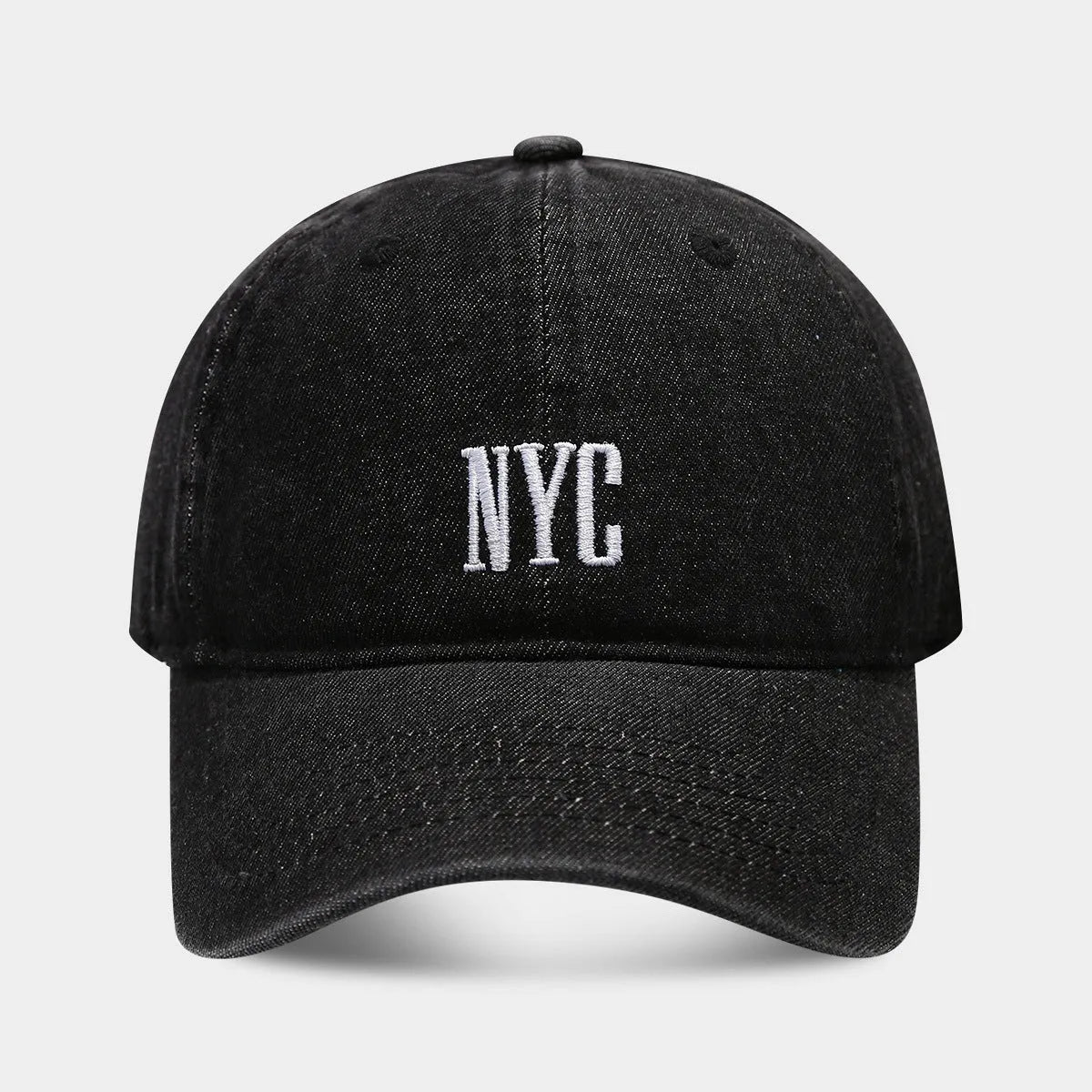 Adjustable denim peaked cap with retro alphabet lettering in black, dark blue and light blue options