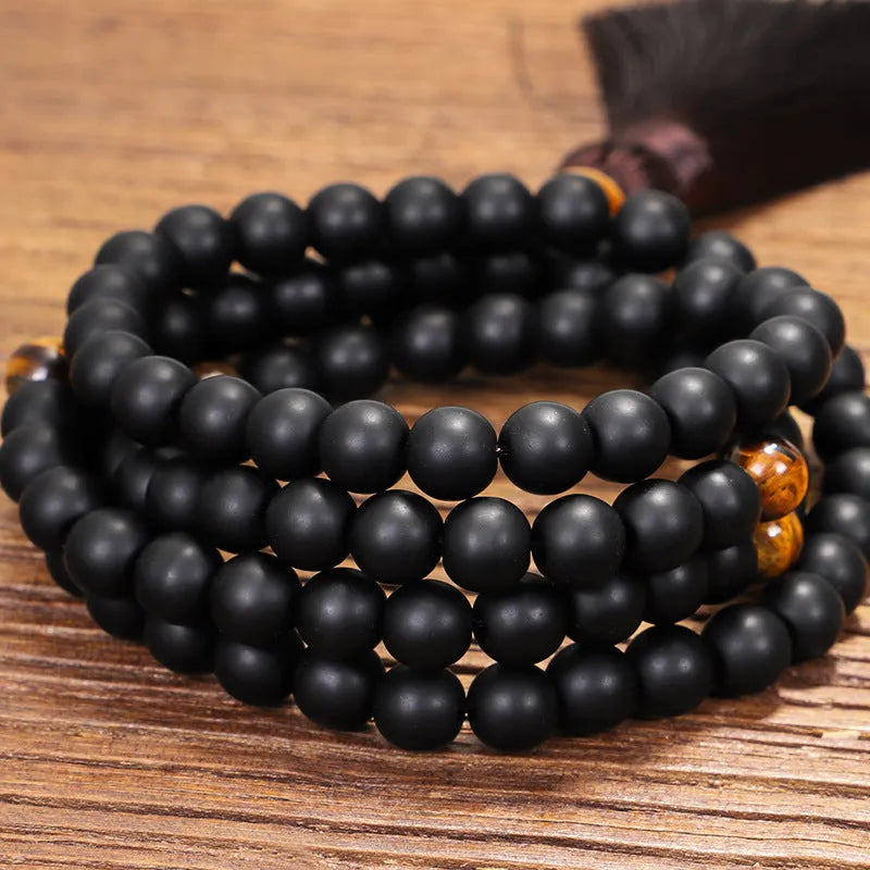 Tigereye stone beaded necklace and bracelet set with drop pendant and tassel detail