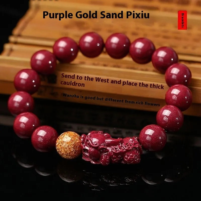 Purple gold sandstone cinnabar bracelet with engraved totem symbols showing bead diameter options