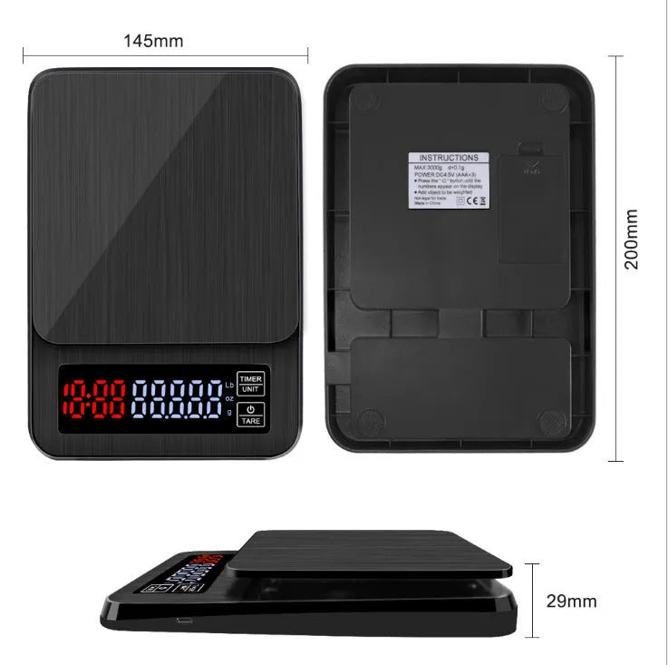 Pour-over coffee scale with digital display, 20x14.5x3cm, available in 3kg/5kg/10kg options