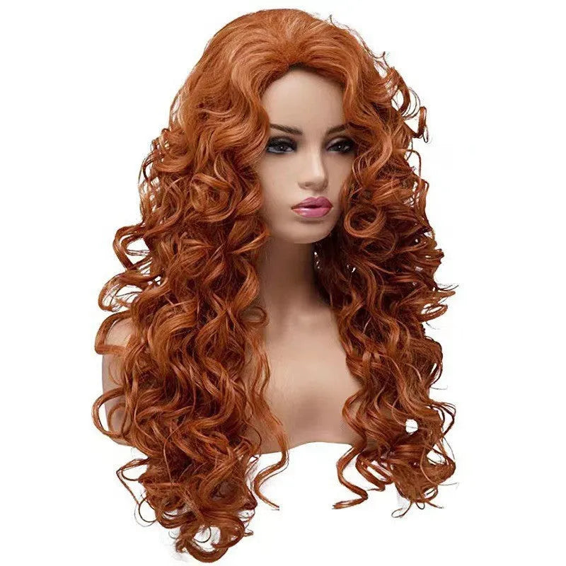 Brown long wavy curly wig with instant noodles fluffy texture on display head