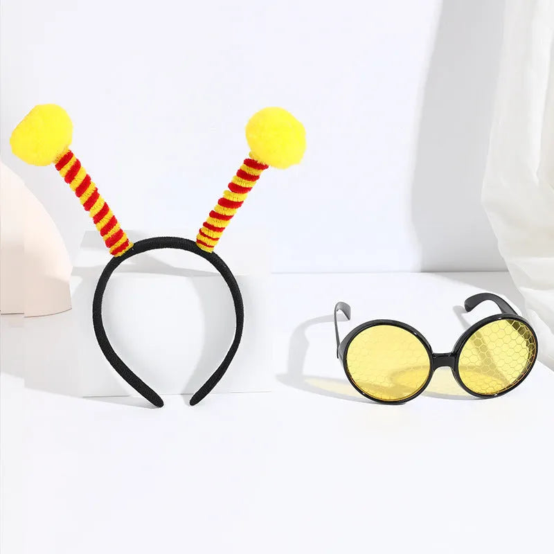 Child's insect costume headband and glasses set for dress-up, showing bee, butterfly, and ladybug themes.