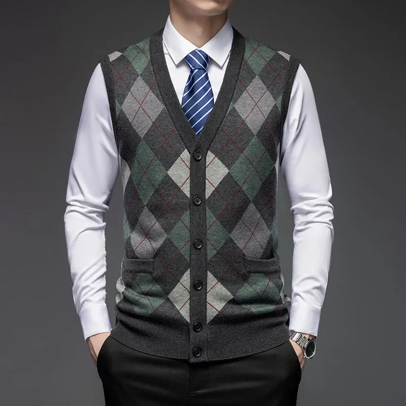 Men's knitted vest cardigan, sleeveless V-neck with pockets, cotton blend jacquard, available in five colours, sizes M to 4XL