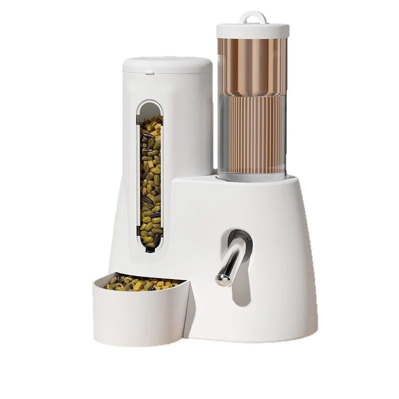 White automatic hamster water feeder and food bowl for dwarf hamsters on cage floor.