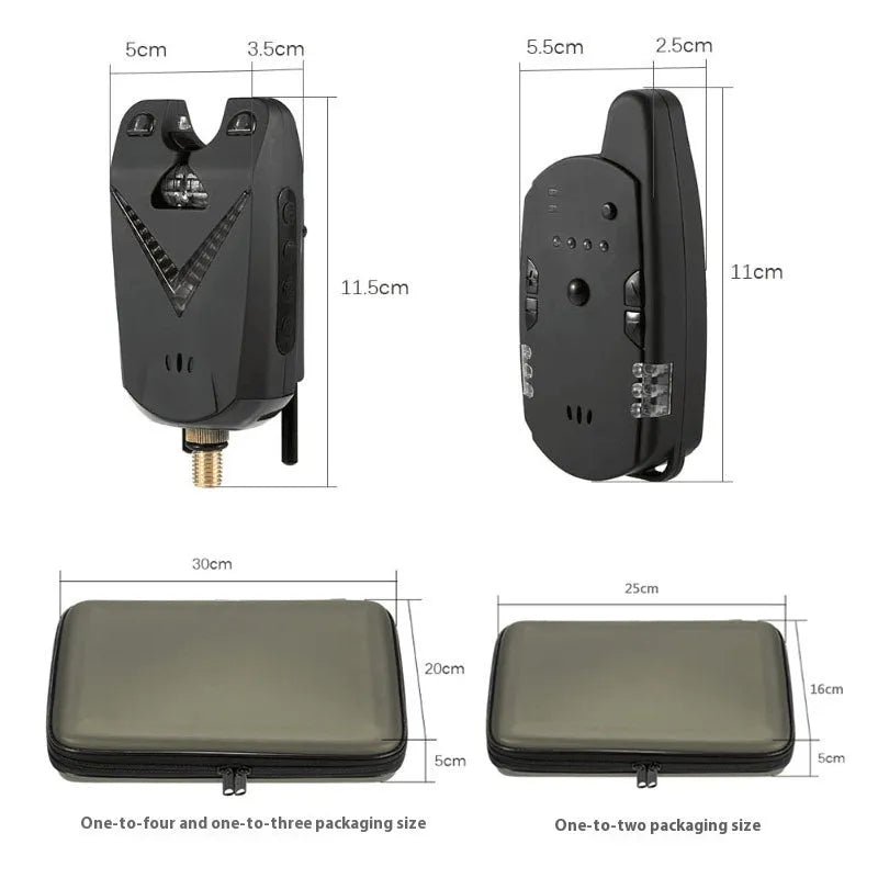 Wireless fishing electronic alarm system with transmitter and receiver units for multiple rod monitoring