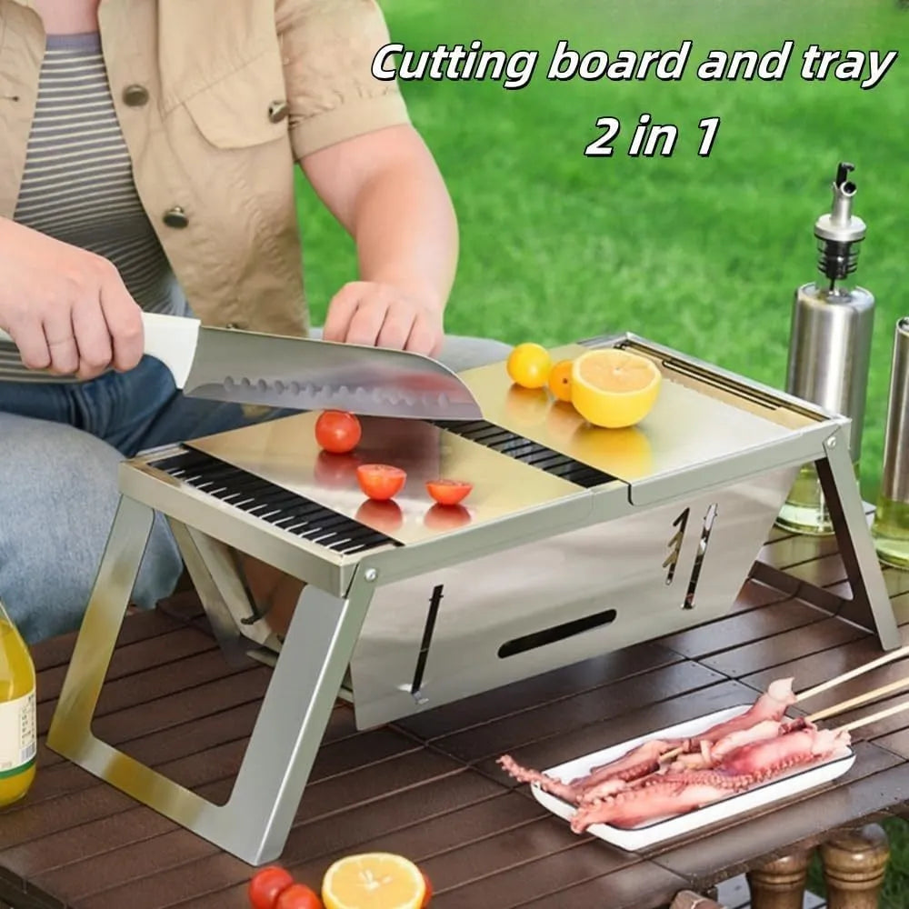 Flat-folded portable charcoal barbecue grill next to its unfolded cooking position