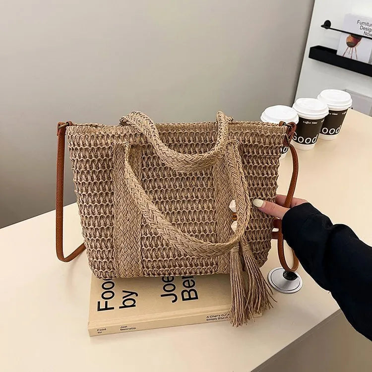 Women's straw crossbody shoulder bag in milky white colour with woven texture