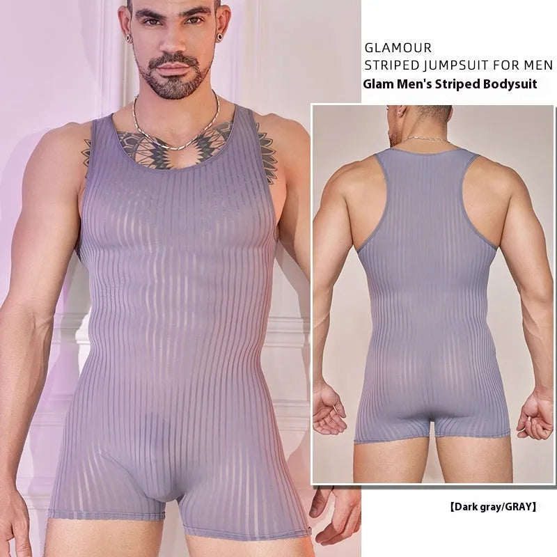 Men's black and white striped nylon jumpsuit with free size fit for summer casual wear