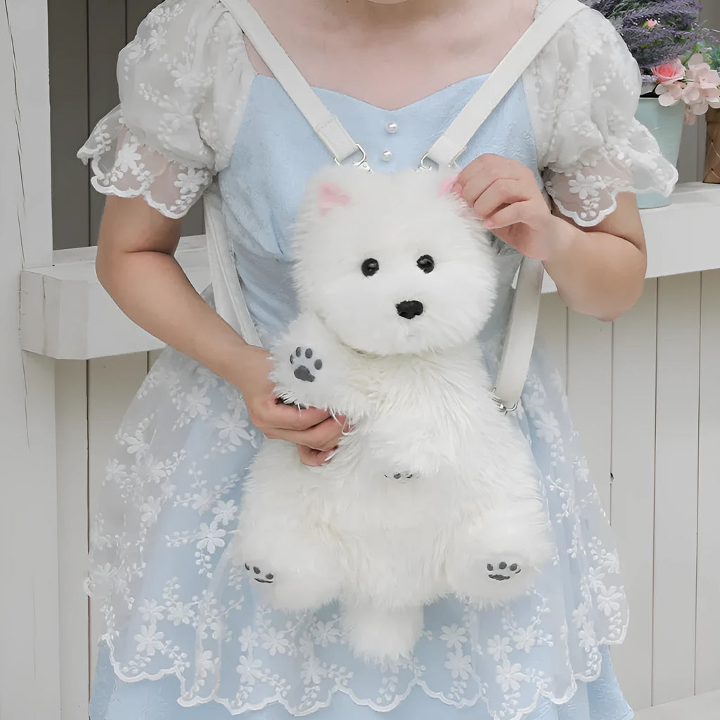 West Highland simulation plush dog wearing a JK plaid blue scarf in gift box packaging