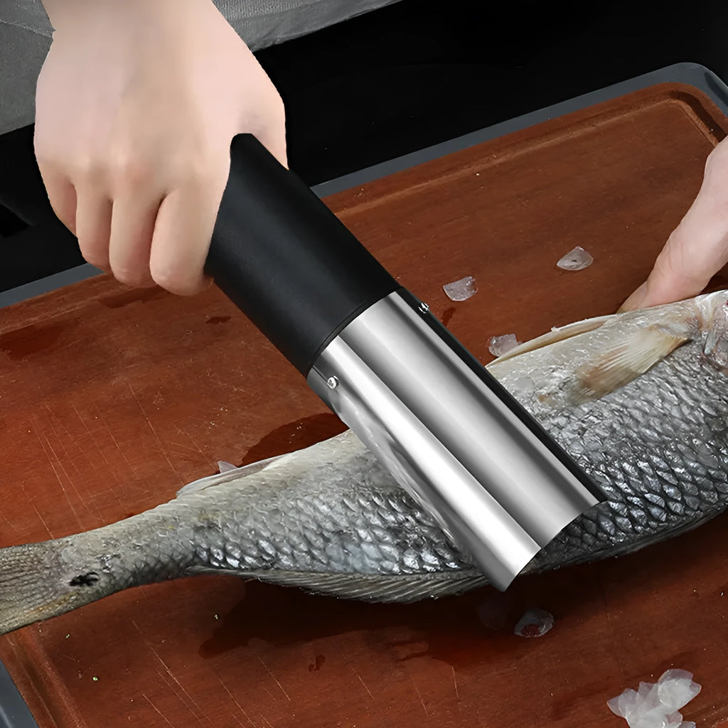 Handheld rechargeable electric fish scaler with 125W motor and seven-level waterproof specification, shown in white, black, or light green.