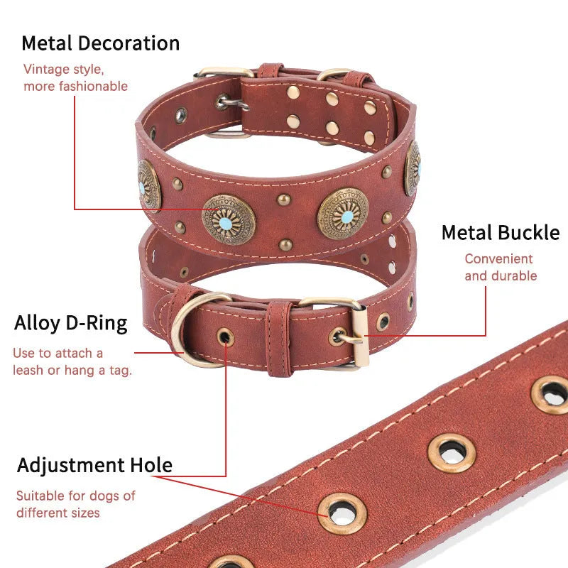 Retro high-end leather dog collar in brown with monochrome pattern for medium and large dogs