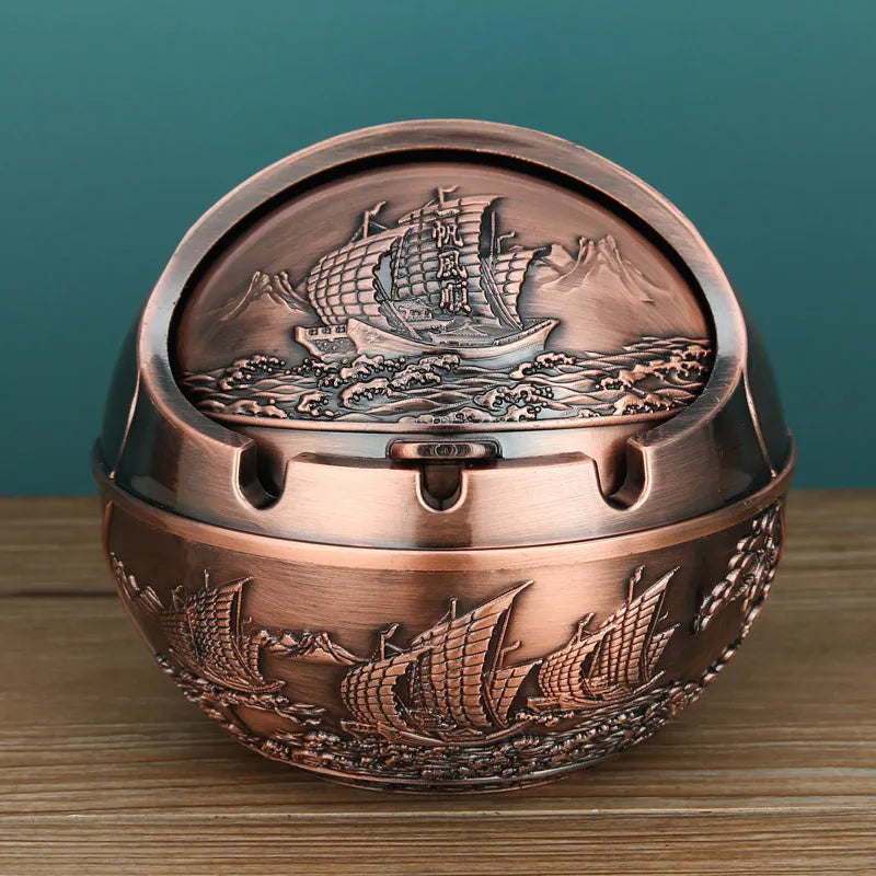 Creative bronze and red copper alloy ashtray with smoke extinguishing slot in various decorative styles.