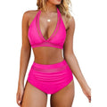 Women's split bikini swimsuit in black, rose red and leopard print colours, briefs style.