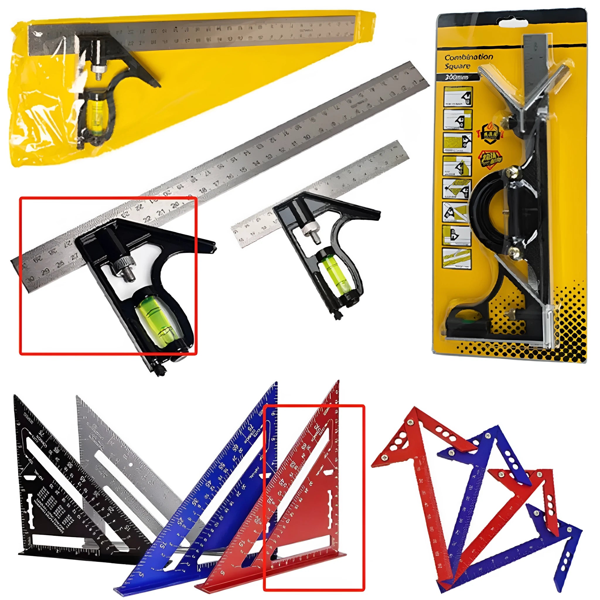 Thin red 7 inch metal combination angle ruler with dual measurement scales for civil surveying