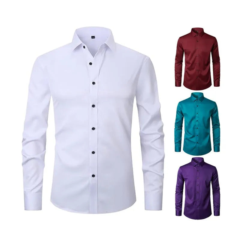 Man wearing a stretch polyester long sleeve work shirt in a blue colour, suitable for manual labour.