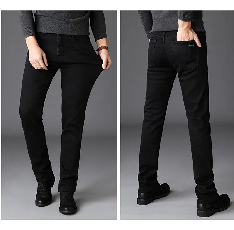 Men's slim straight leg jeans in black cotton denim with mid waist and zip fly, sizes 28-40.
