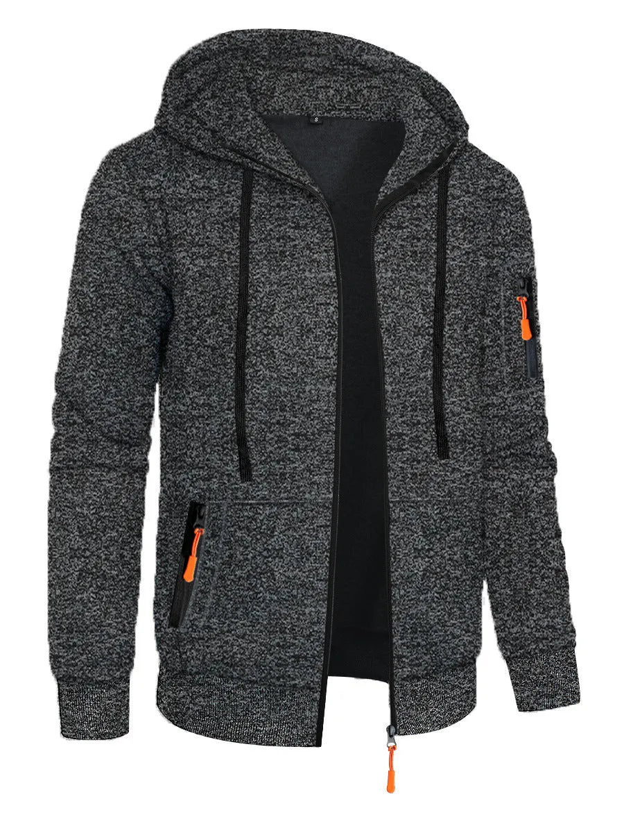 Men's hooded cardigan sweater in polyester jacquard knit, loose fit, long sleeve, solid colour, sizes S to 3XL
