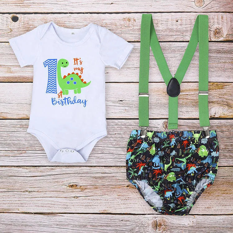 Cotton baby romper summer playsuit with shorts length in dinosaur blue, green or polka dot patterns