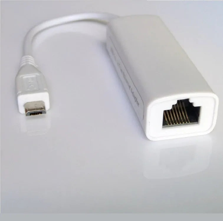 White USB to RJ45 Ethernet network adapter with micro USB connector and LED indicator