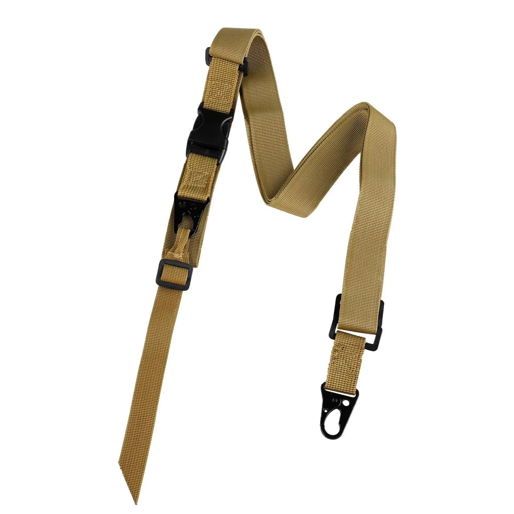 Army green nylon crossbody sling strap with alloy buckle, showing length and snap button fastener.