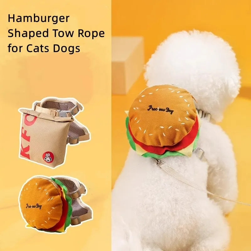 Cartoon hamburger chips design adjustable vest leash for pets with backpack and escape-proof feature