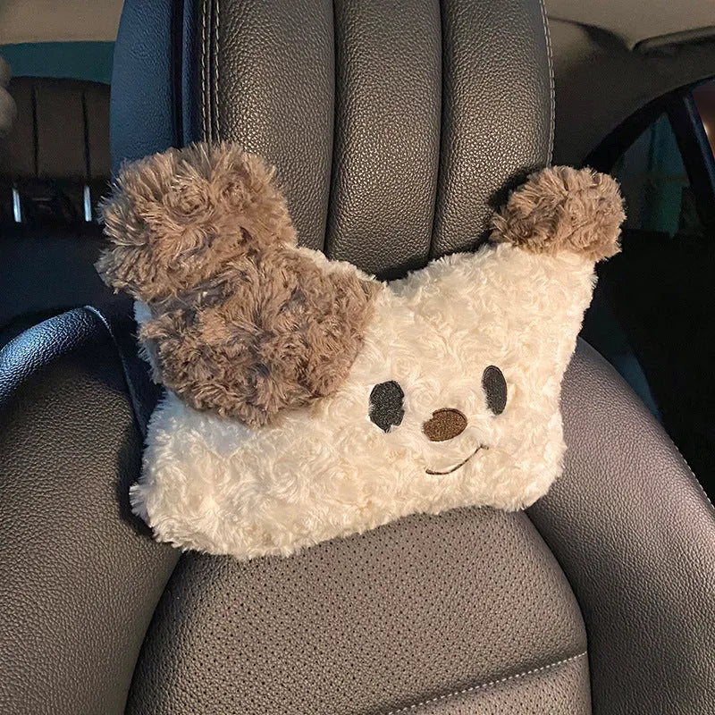 Car seat cushion set with puppy plush headrest and lumbar support pillow in cartoon style