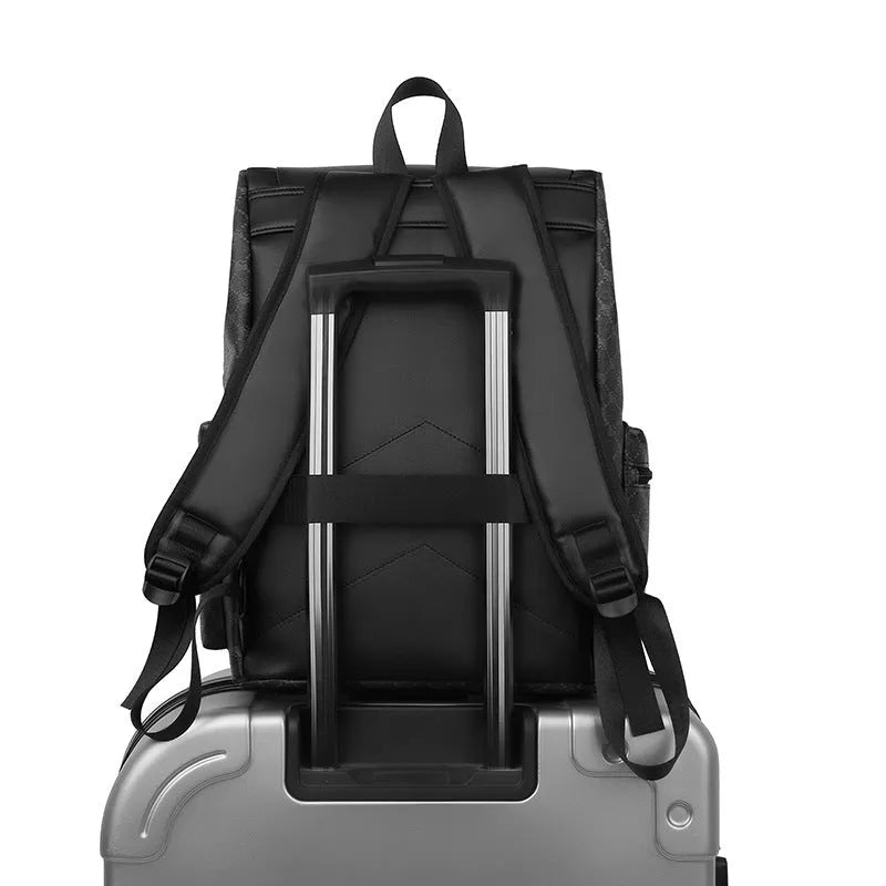 Men's plaid backpack in black round plaid with PU outer, polyester lining and curved shoulder strap