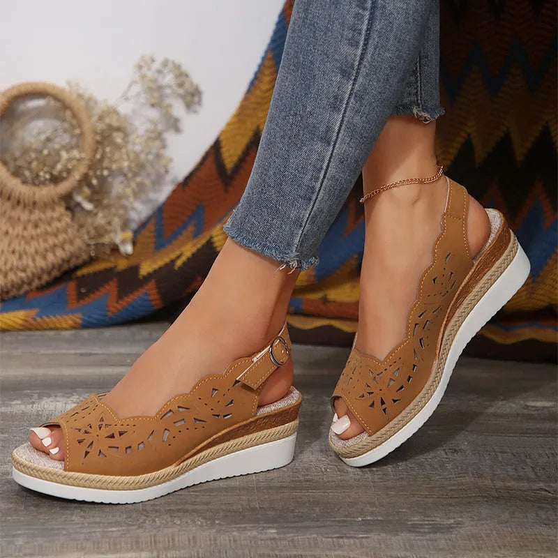 Fish mouth wedge sandals with thick PU sole and hollow buckle upper, in black, red or light brown, sizes 36-43