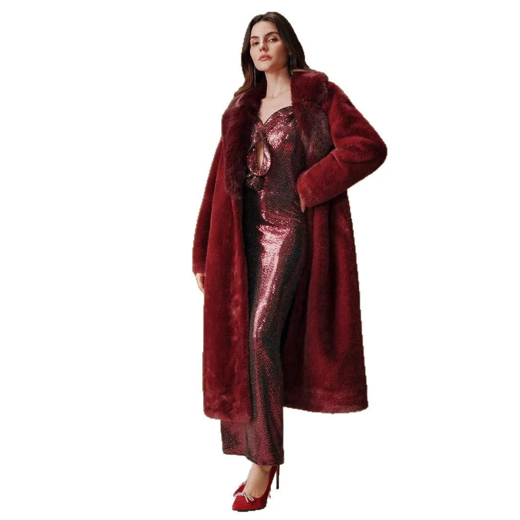 Women's lengthened 100cm faux fur coat in wine red or camel colour with regular sleeves