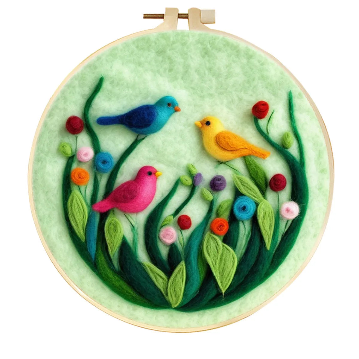 Round linen embroidery frame with wool felt floral decoration kit for three-dimensional wall art