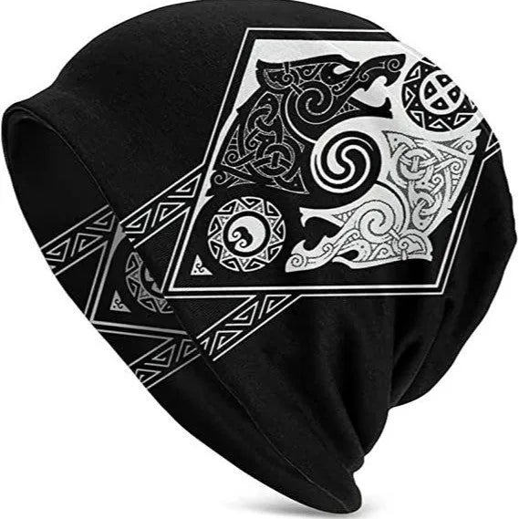 Viking totem wolf graphic on a grey sleeve cap beanie for street dance.