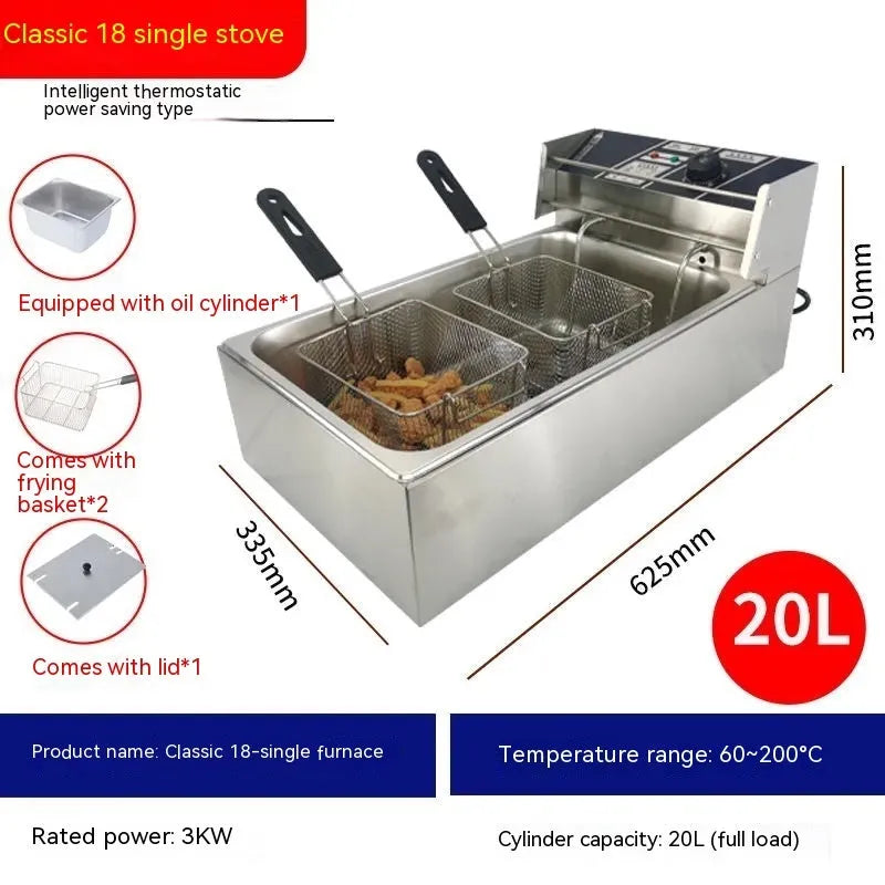 Commercial stainless steel deep frying pan with temperature control dial and large cooking capacity
