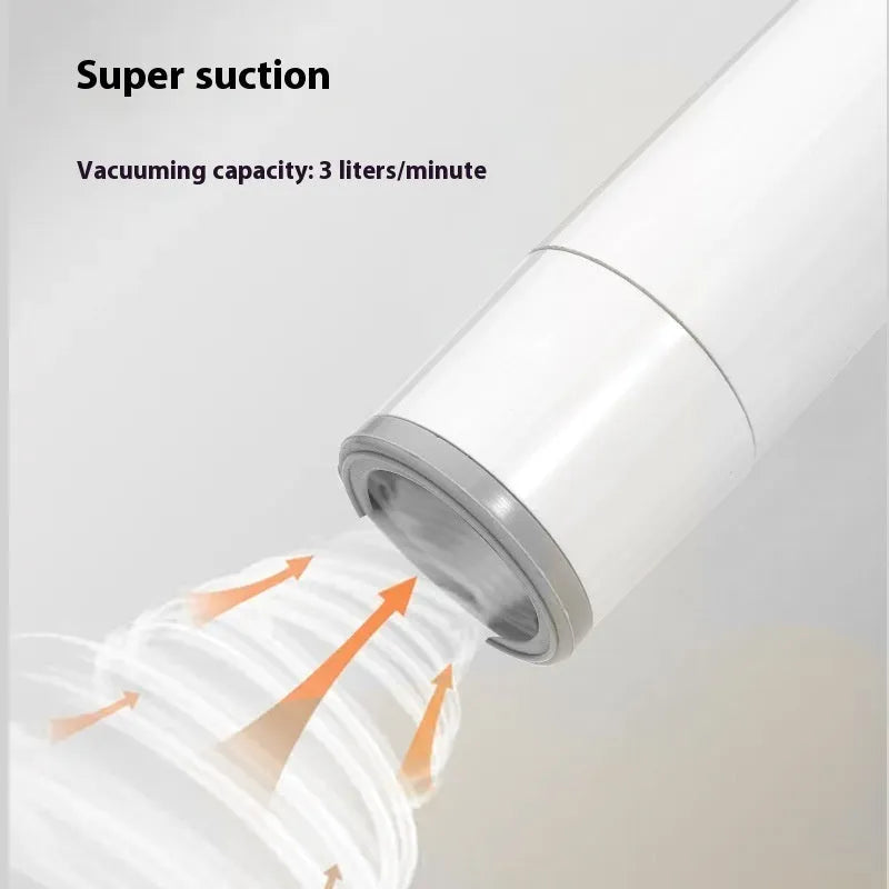 White smart rechargeable handheld vacuum food preservation machine with five vacuum bags on kitchen counter