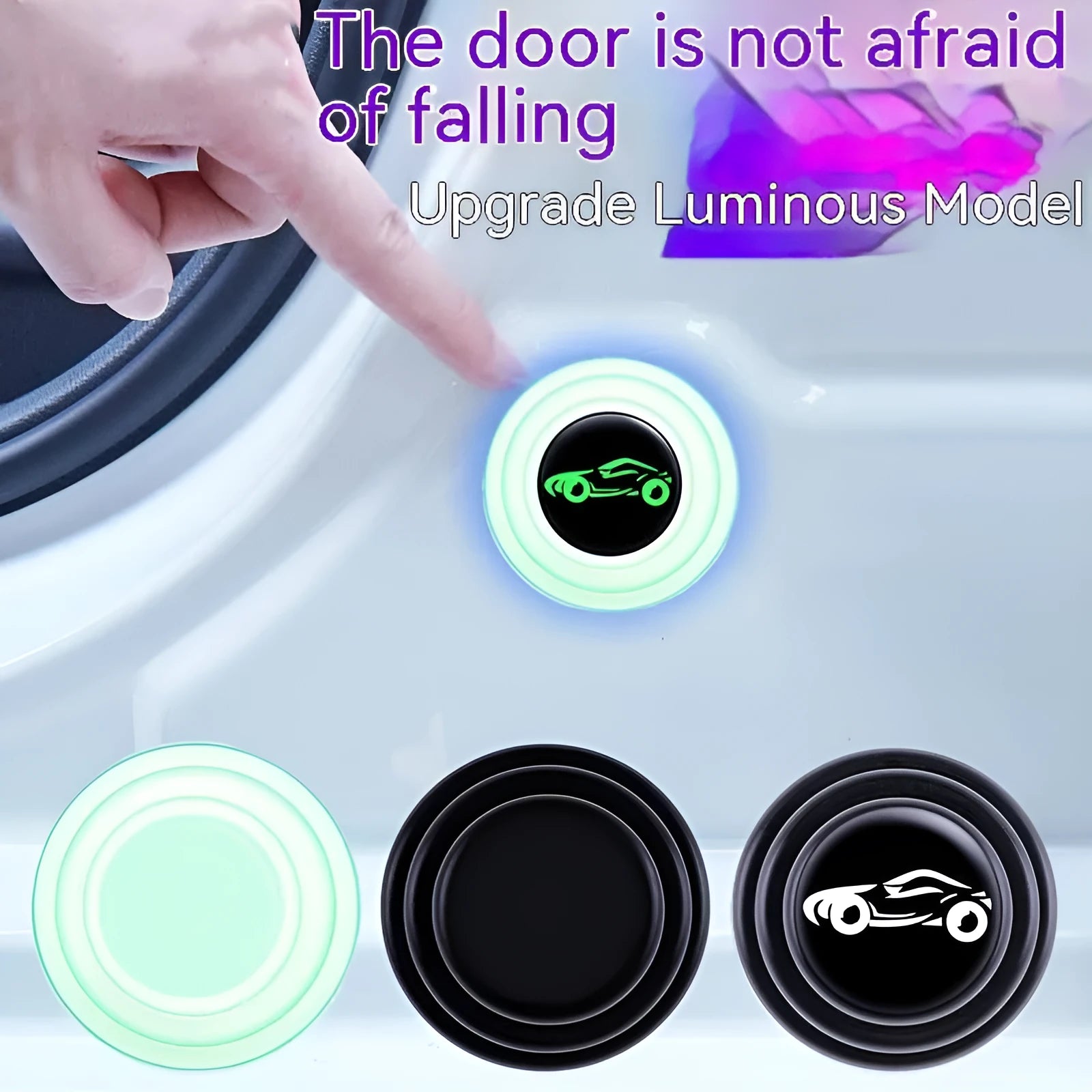 Black and luminous silicone car door shock absorber pads for anti-collision protection.
