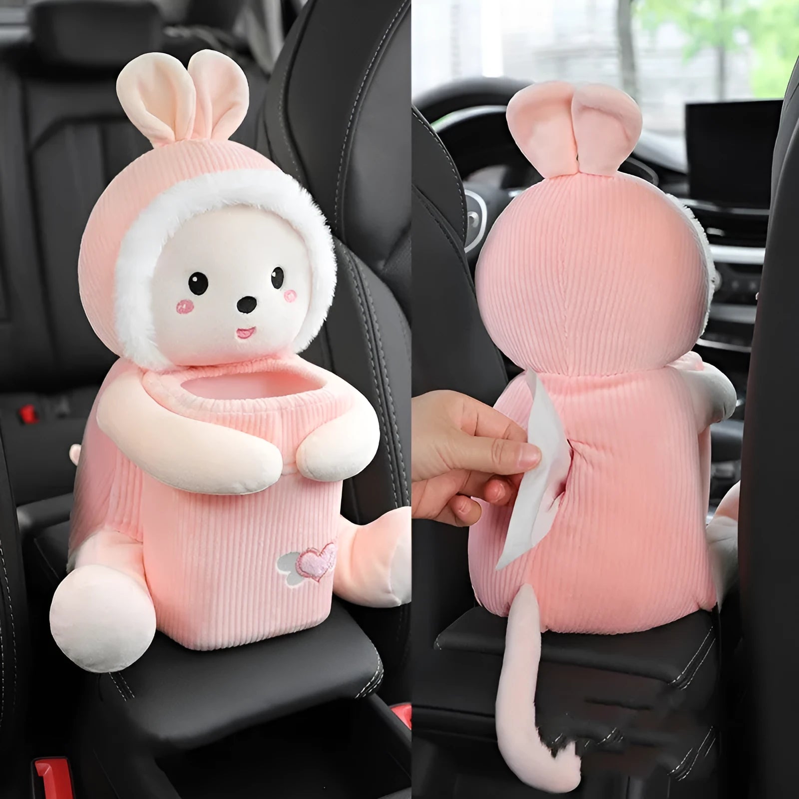 Plush car tissue box and rubbish bin combination in cute animal design for vehicle centre console