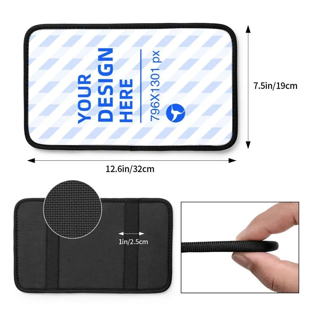 Black neoprene car armrest box cushion with elastic band and non-slip back, one size console pad