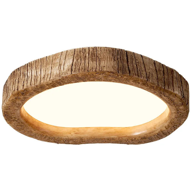 Circular wood grain finished ceiling lamp in New Chinese style, showing integrated LED light source.