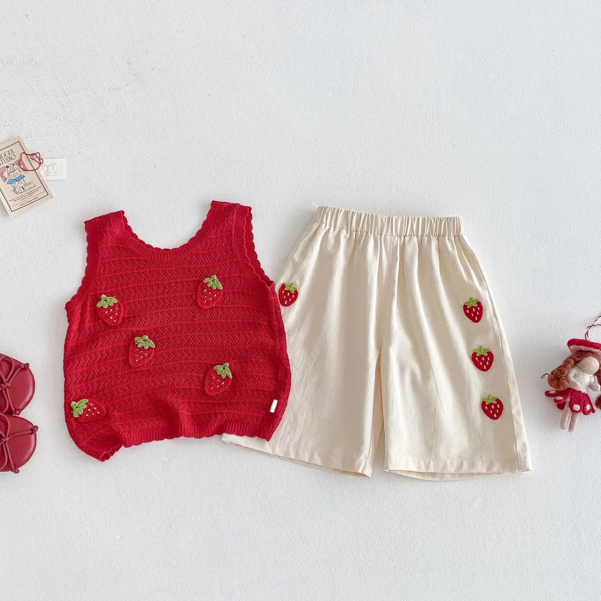Girls Korean style strawberry patch vest and beige trousers set on child