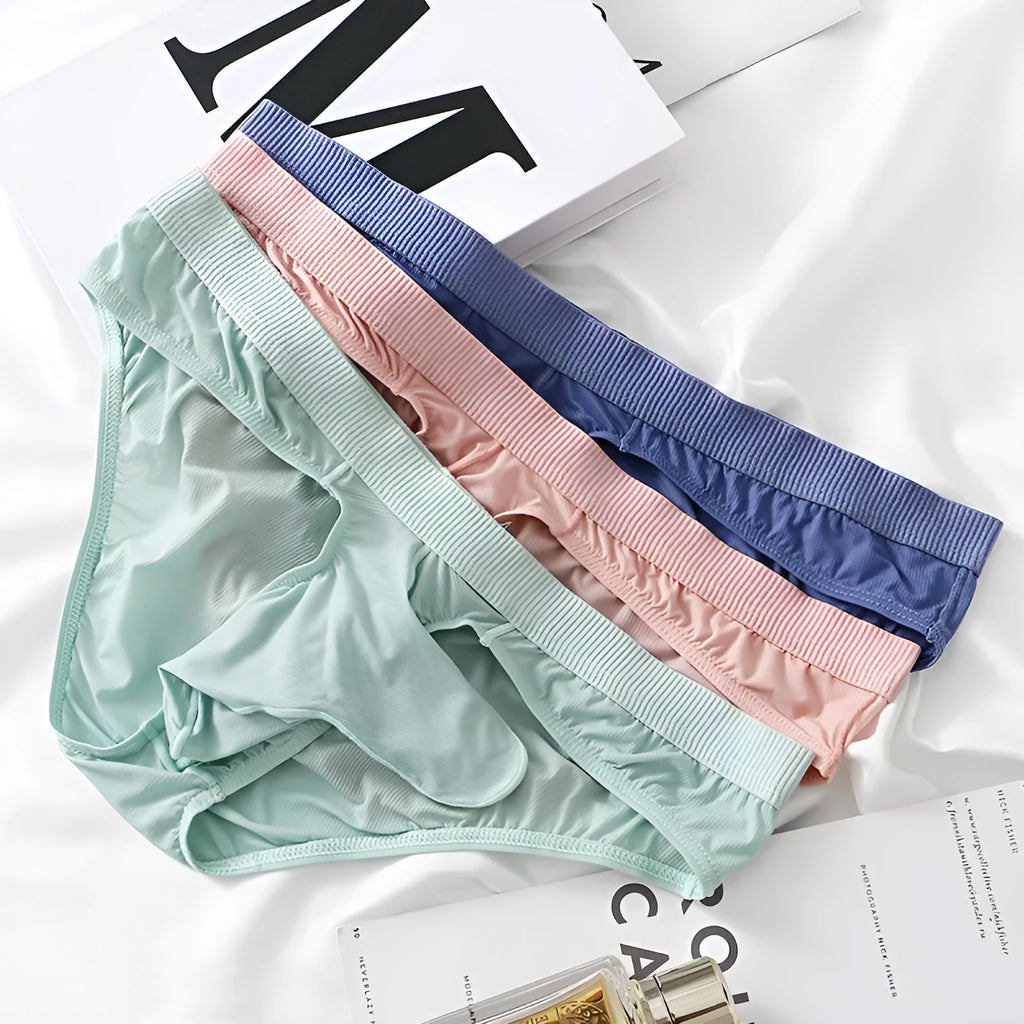 Men's low waist ice silk briefs in five colours showing the briefs style.