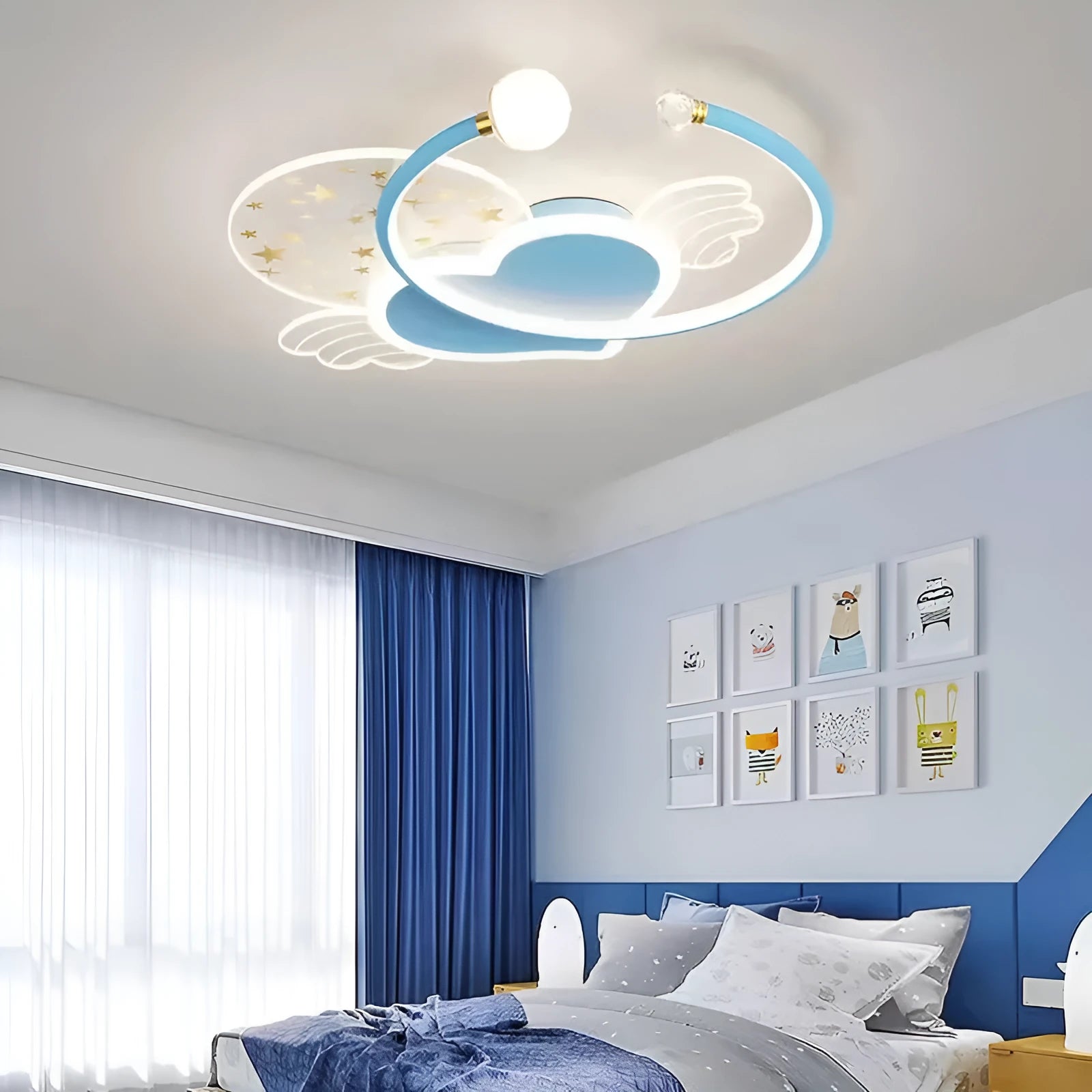 Children's moon and cloud themed ceiling lamp with colour changing lights and dimming function
