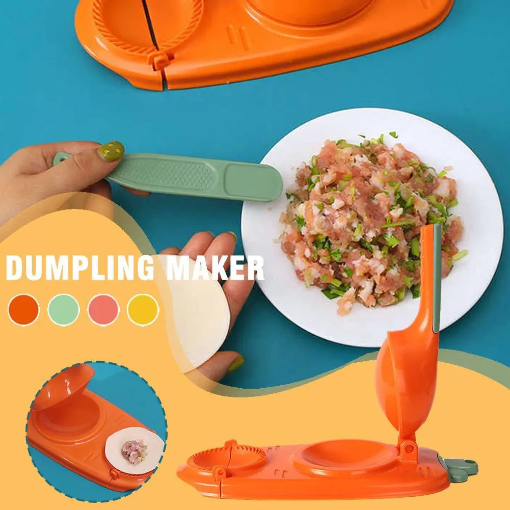 Orange and white plastic manual dumpling maker tool with press and mould.