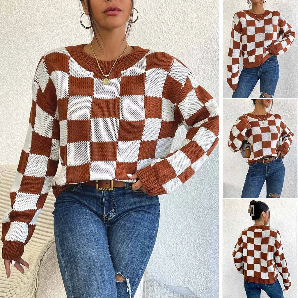Dark brown plaid pattern acrylic pullover sweater with long sleeves and a loose round neck.