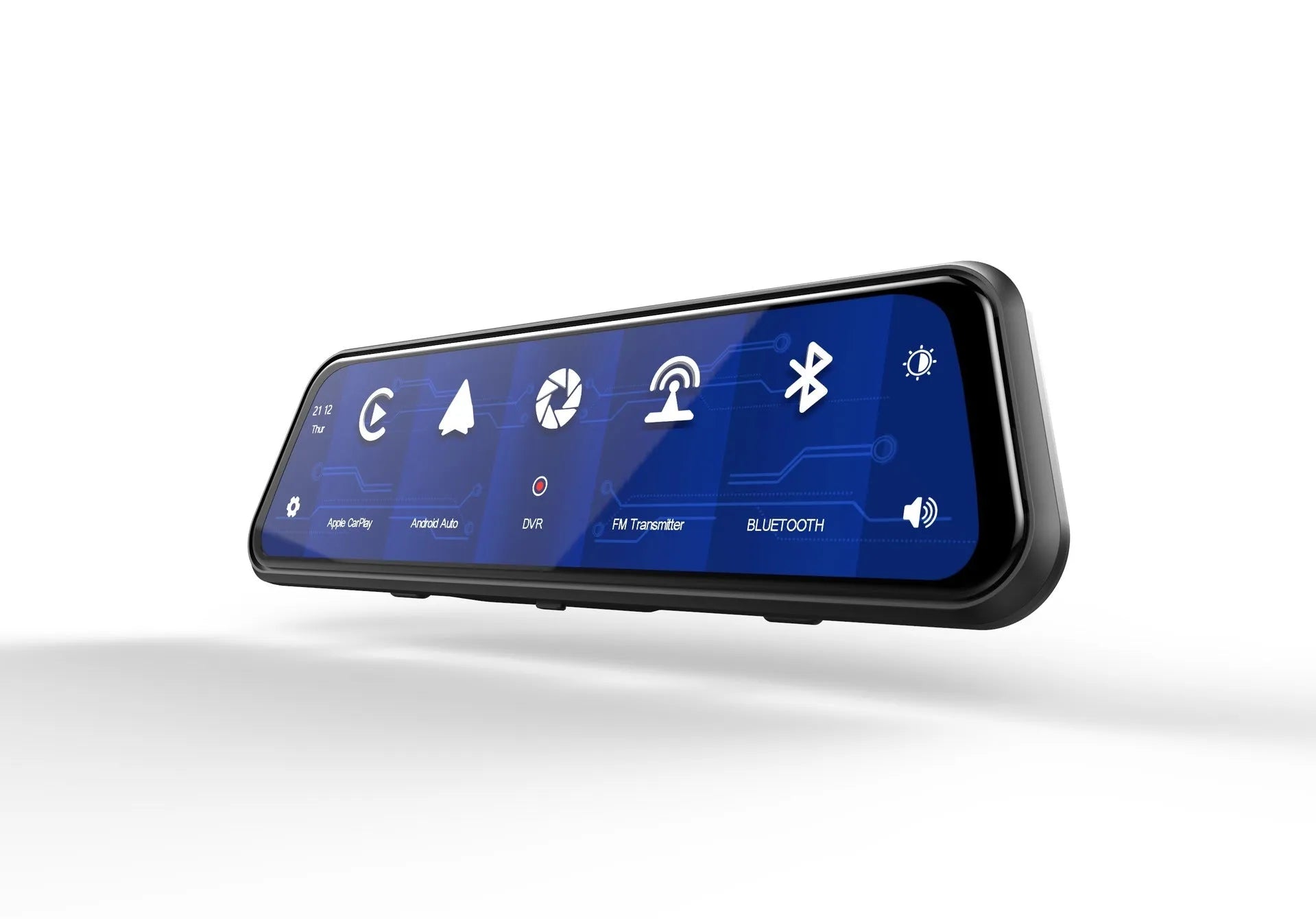 Black dual-lens dashboard camera with 9.66-inch screen mounted on car windshield.
