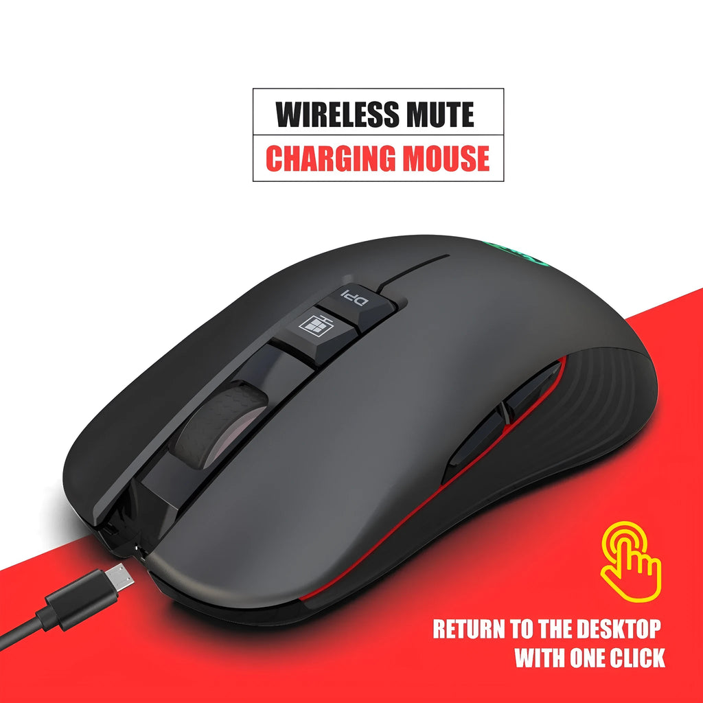 Black wireless gaming mouse with seven colour breathing lights showing adjustable DPI buttons and ergonomic shape