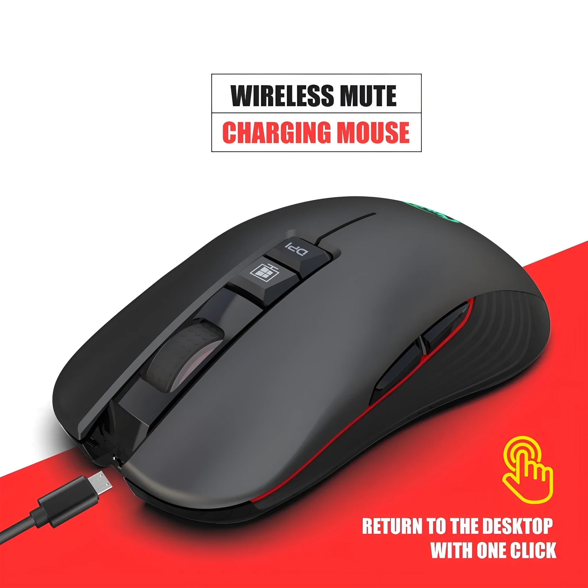 Black wireless gaming mouse with seven colour breathing lights showing adjustable DPI buttons and ergonomic shape